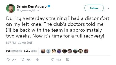 أغويرو يكشف عن إصابته بتغريدة 